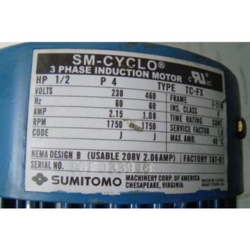 SUMITOMO SM-CYCLO CNHM05-6128VC-43 INDUCTION MOTOR 1/2HP 230V 1750 RPM TC-FX