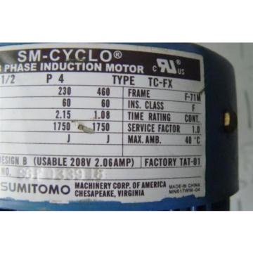 SUMITOMO SM-CYCLO CNHM05-6128VC-43 INDUCTION MOTOR 1/2HP 230V 1750 RPM TC-FX