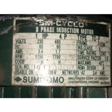 Sumitomo Cyclo gearmotor CNHM-1-4100YC-15, 117 rpm, 15:1,1hp, 230/460, inline